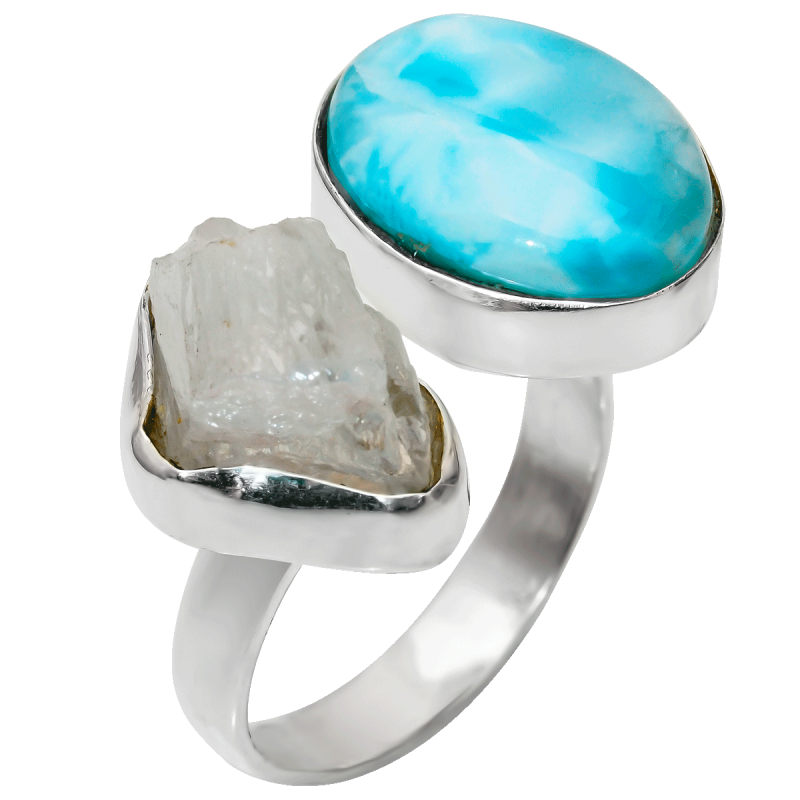 Открытое кольцо Дзен с ларимаром и лунным камнем