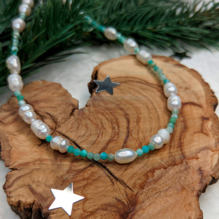 Чокер с жемчугом и амазонитом из серебра