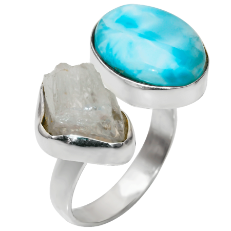 Открытое кольцо Дзен с ларимаром и лунным камнем