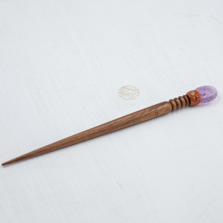 Деревянная заколка - шпилька с аметистом 2